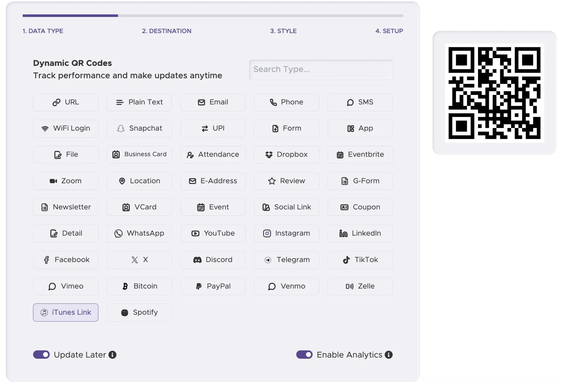 Select Apple Music data type in QRStuff generator
