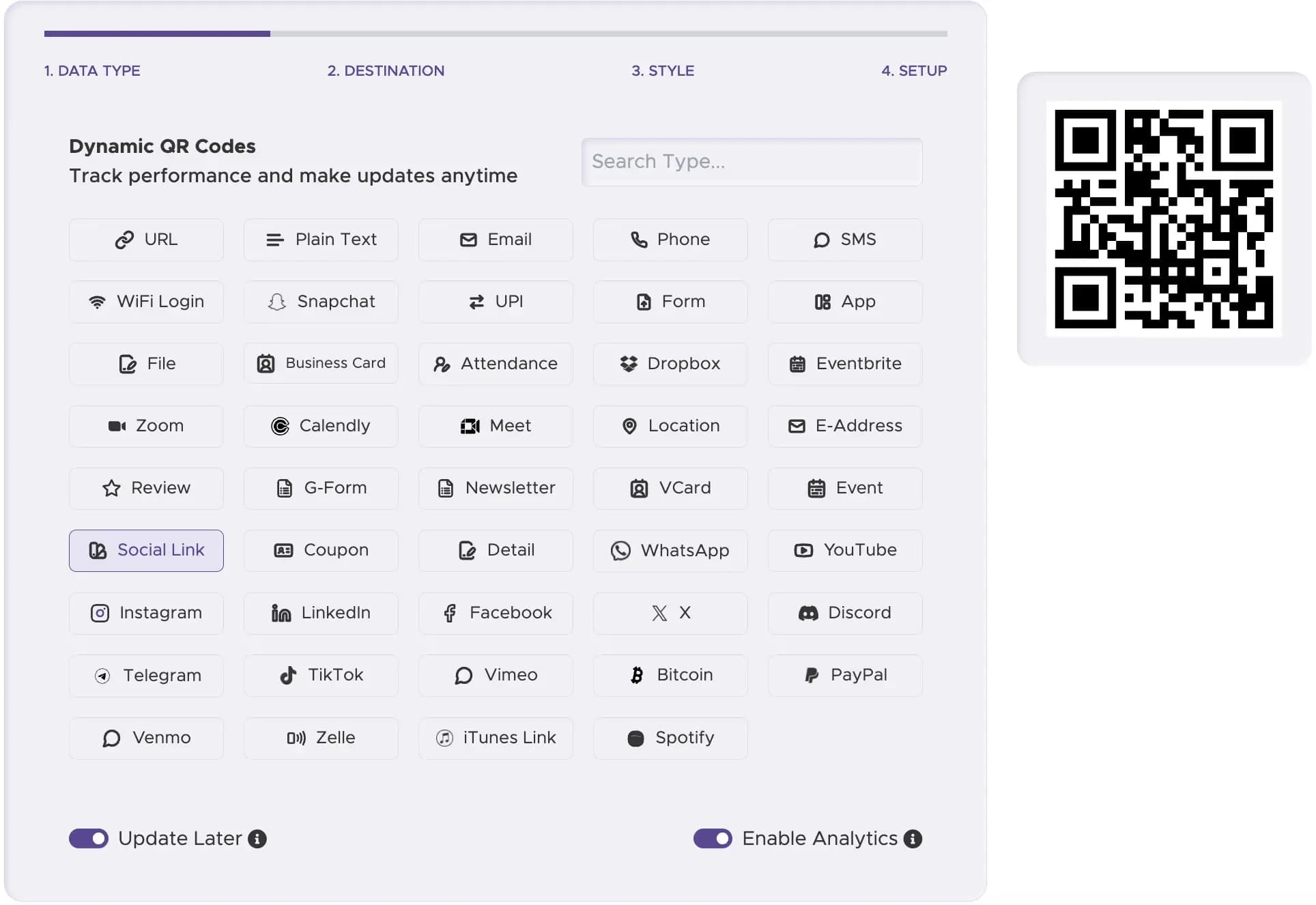Sélectionnez Pages de liens sociaux dans QRStuff