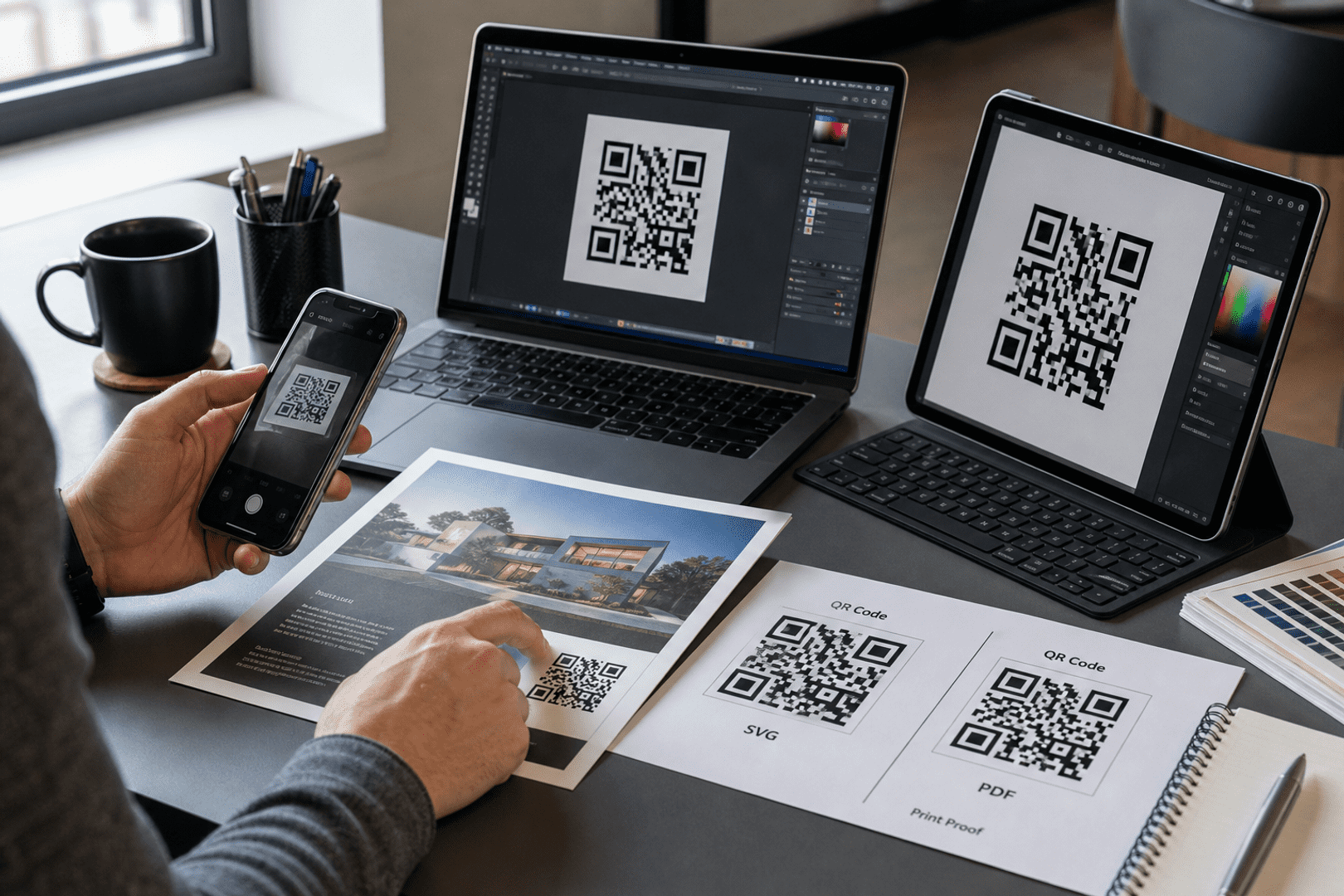 Where can I find high-resolution QR code downloads in SVG or PDF format?