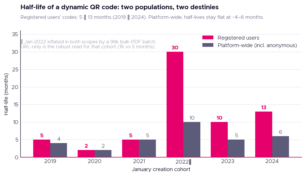 Gráfico de líneas de la vida media de códigos QR en meses por año de creación de 2019 a 2024, con subida de 5 meses en 2019 a 13 meses en 2024 para códigos de usuarios registrados